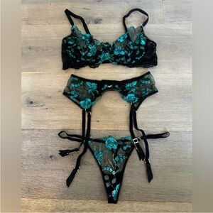 Honey Birdette Whitney Emerald 3 piece set Black and Teal Lace